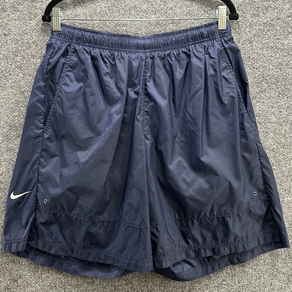 90's VTG Nike Mens Navy Blue Nylon Athletic Shorts Elastic Waist Zip Pocket, XL